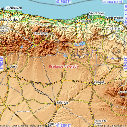 Topographic map of Prádanos de Ojeda