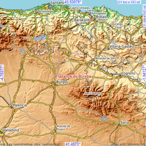 Topographic map of Prádanos de Bureba