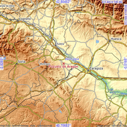 Topographic map of Pozuelo de Aragón