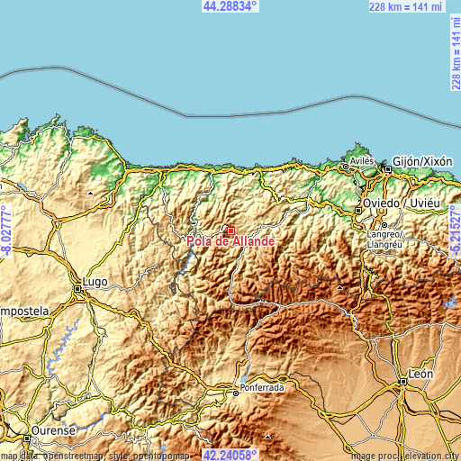 Topographic map of Pola de Allande