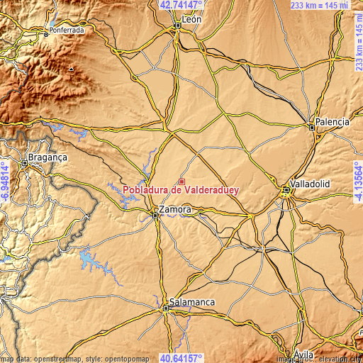 Topographic map of Pobladura de Valderaduey