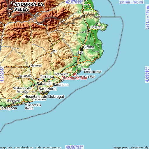 Topographic map of Pineda de Mar
