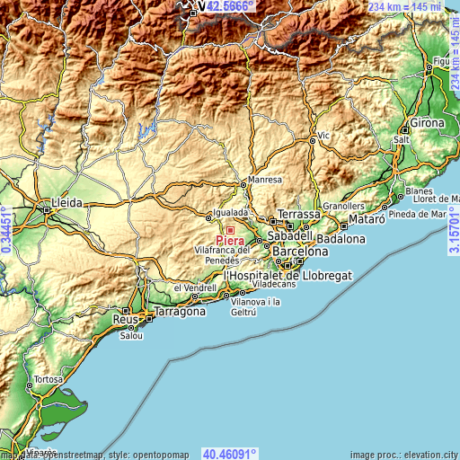 Topographic map of Piera