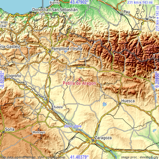 Topographic map of Petilla de Aragón