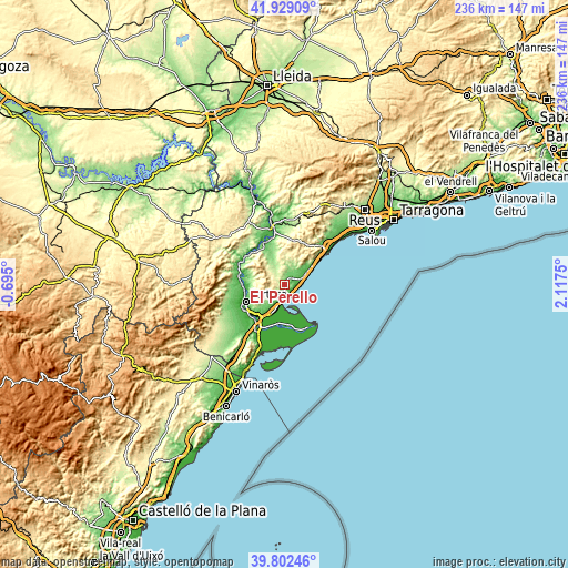 Topographic map of El Perelló