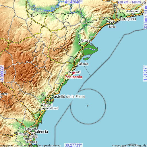 Topographic map of Peníscola