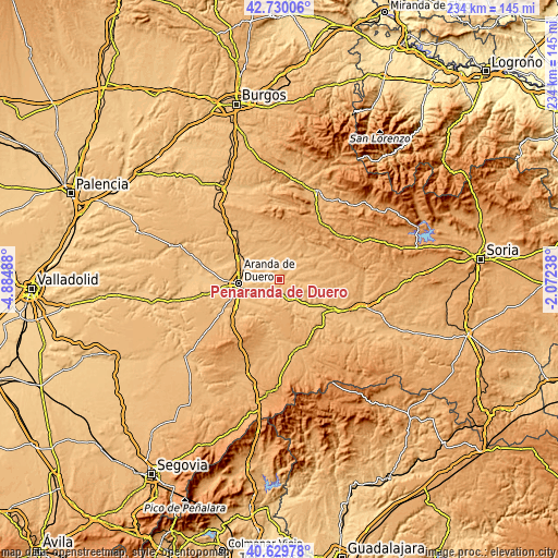 Topographic map of Peñaranda de Duero