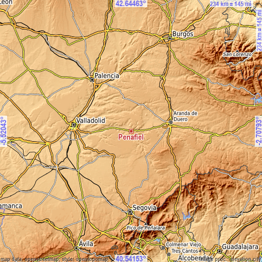 Topographic map of Peñafiel