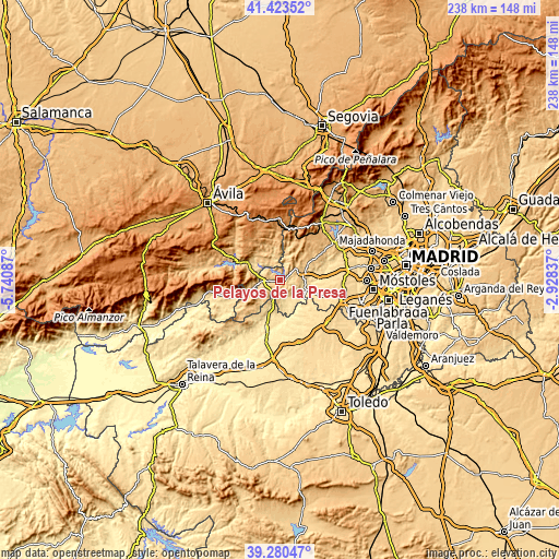 Topographic map of Pelayos de la Presa