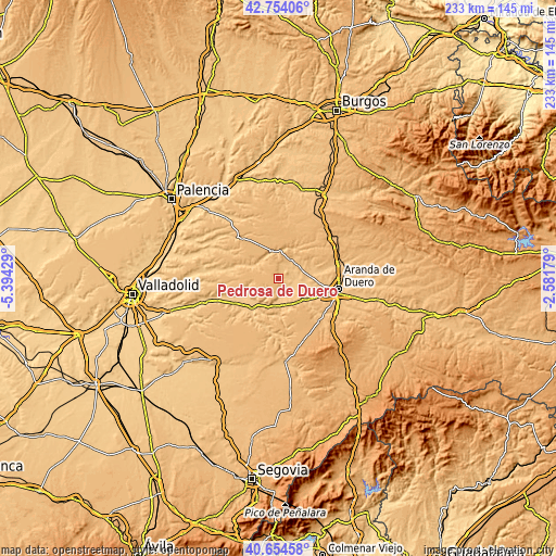 Topographic map of Pedrosa de Duero