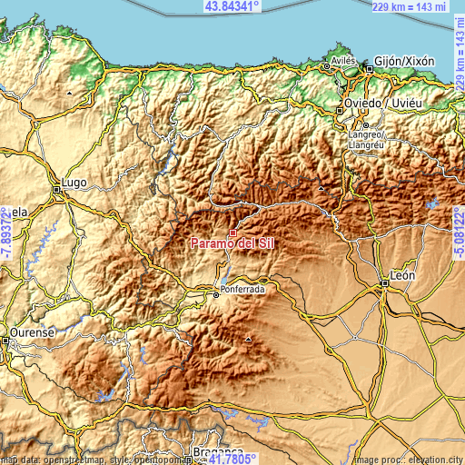 Topographic map of Páramo del Sil