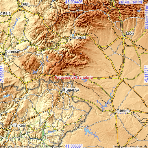 Topographic map of Palacios de Sanabria