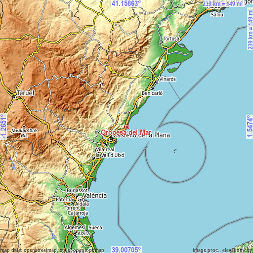 Topographic map of Oropesa del Mar