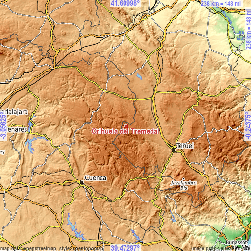 Topographic map of Orihuela del Tremedal