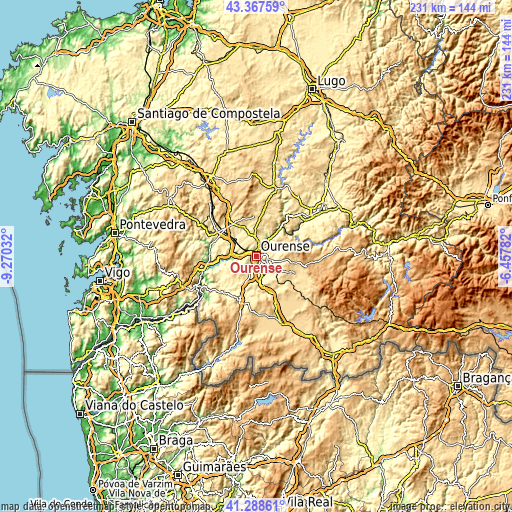 Topographic map of Ourense