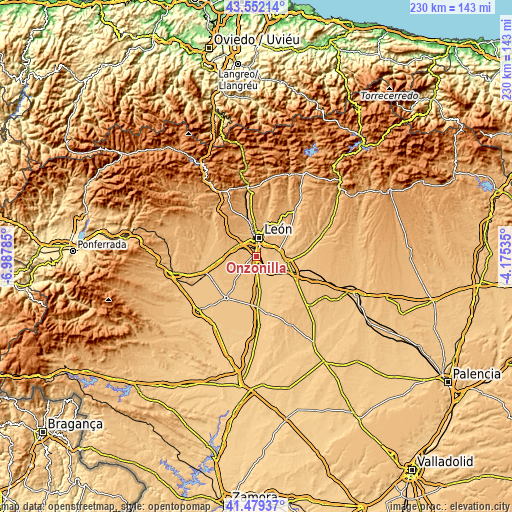 Topographic map of Onzonilla