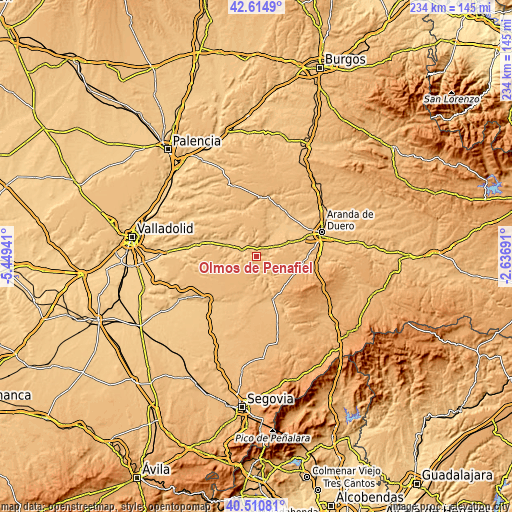 Topographic map of Olmos de Peñafiel