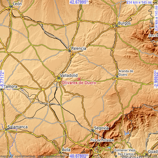 Topographic map of Olivares de Duero