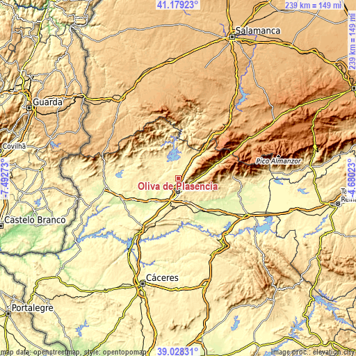 Topographic map of Oliva de Plasencia