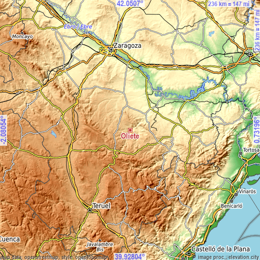 Topographic map of Oliete