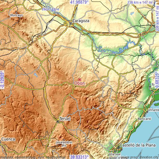 Topographic map of Obón