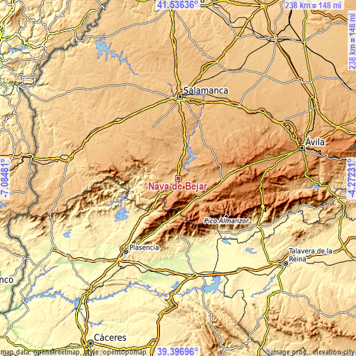 Topographic map of Nava de Béjar