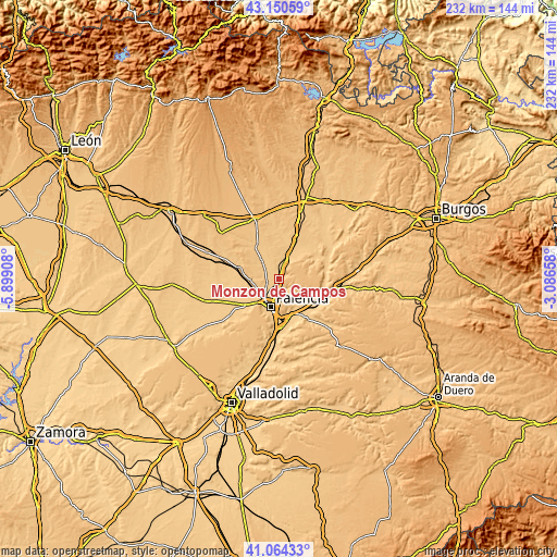 Topographic map of Monzón de Campos