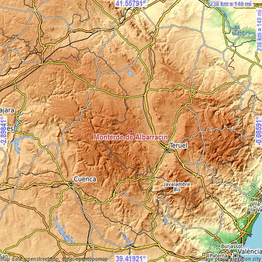 Topographic map of Monterde de Albarracín