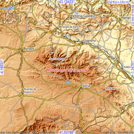 Topographic map of Montenegro de Cameros