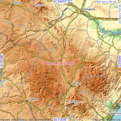 Topographic map of Monreal del Campo