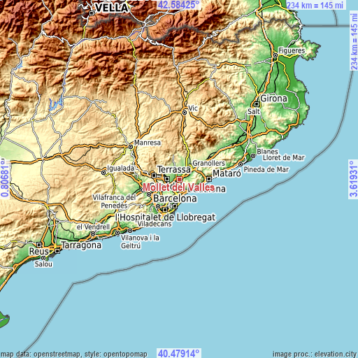 Topographic map of Mollet del Vallès