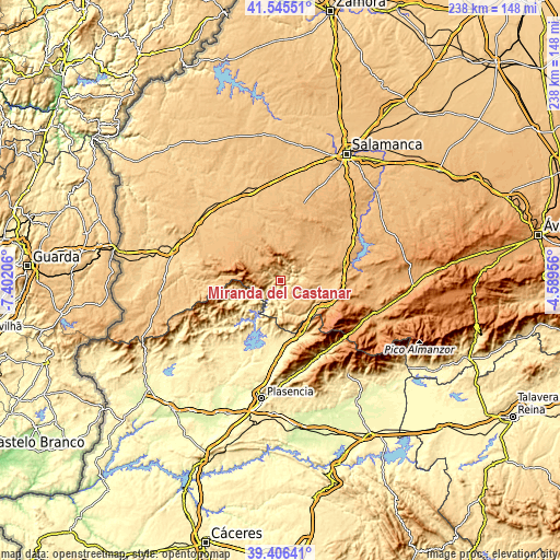 Topographic map of Miranda del Castañar