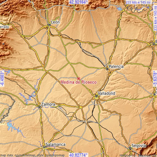 Topographic map of Medina de Ríoseco