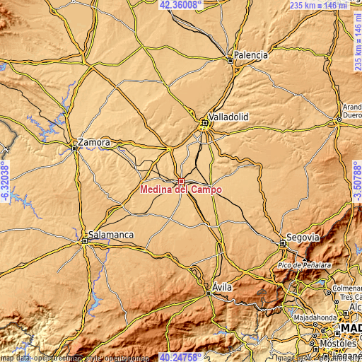 Topographic map of Medina del Campo