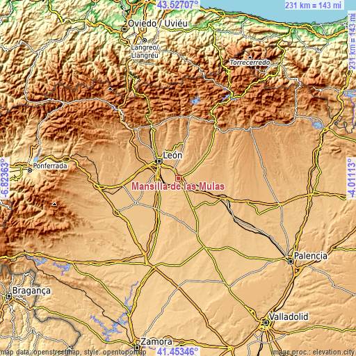 Topographic map of Mansilla de las Mulas