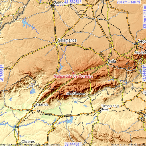 Topographic map of Malpartida de Corneja