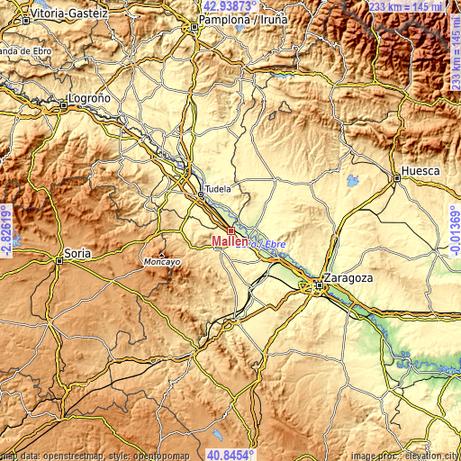 Topographic map of Mallén