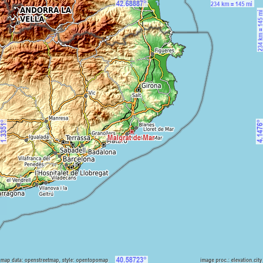 Topographic map of Malgrat de Mar