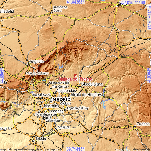 Topographic map of Málaga del Fresno