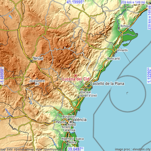 Topographic map of Lucena del Cid