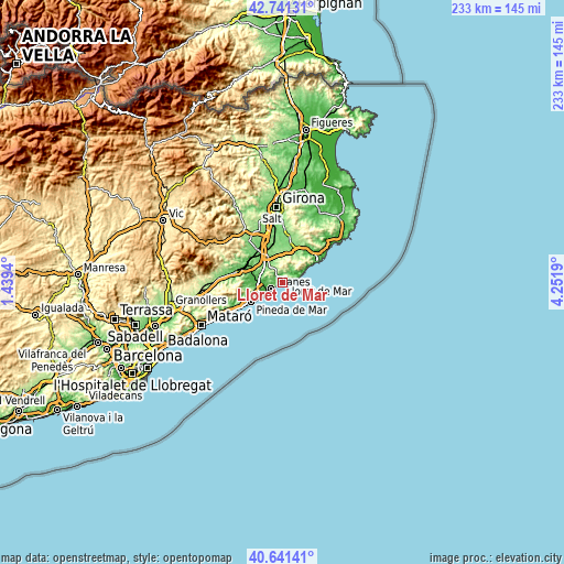 Topographic map of Lloret de Mar