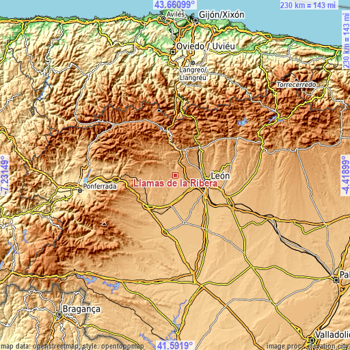 Topographic map of Llamas de la Ribera