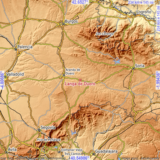 Topographic map of Langa de Duero