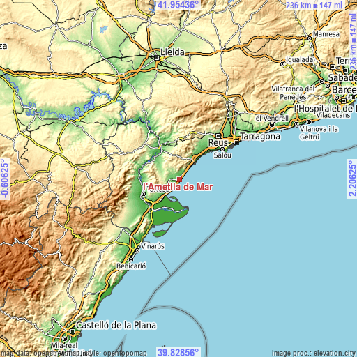 Topographic map of l'Ametlla de Mar