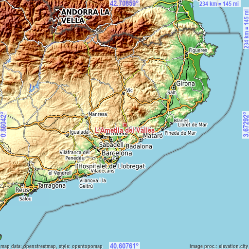 Topographic map of L'Ametlla del Vallès