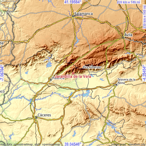 Topographic map of Jarandilla de la Vera