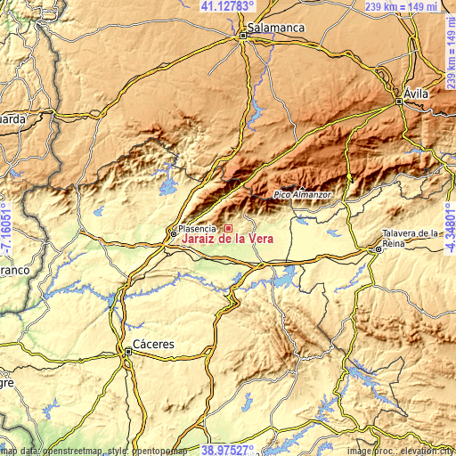 Topographic map of Jaraíz de la Vera