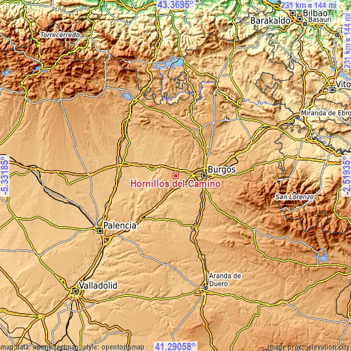 Topographic map of Hornillos del Camino