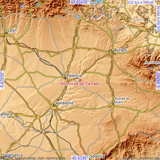 Topographic map of Hornillos de Cerrato
