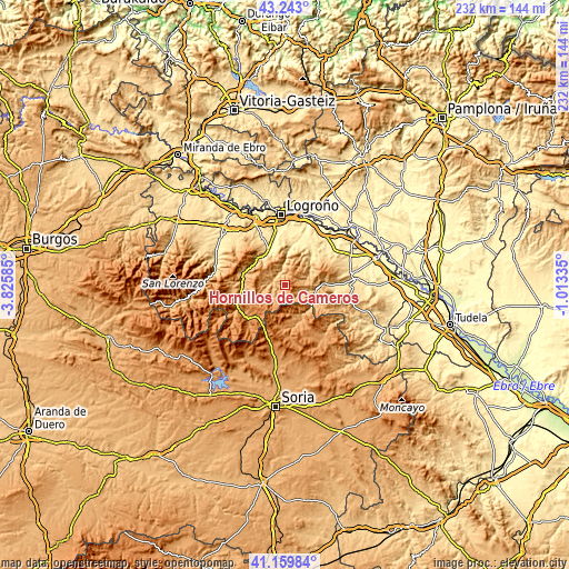 Topographic map of Hornillos de Cameros